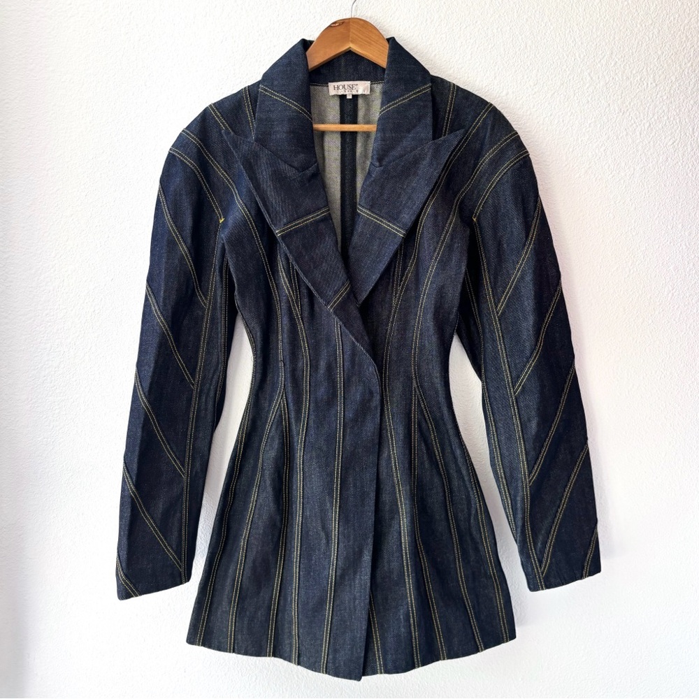House of CB Etienne Dark Denim Sculpted Long Sleeve Mini Dress XS